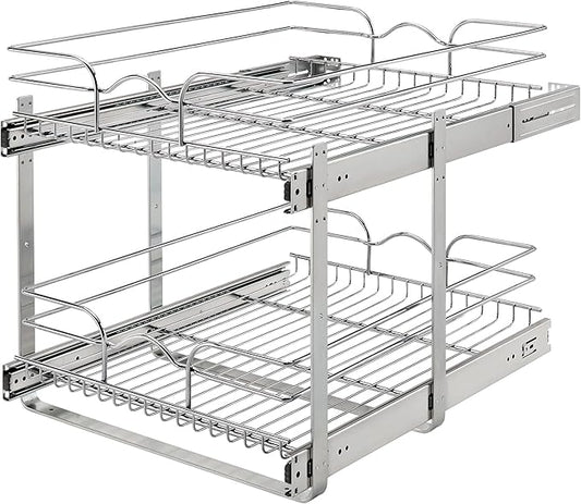 Rev-A-Shelf 2-Tier Pullout Shelf and Drawer Organizer for Kitchen Cabinets, Slide Out Storage Basket, Min Opening Width of 17.5", 18" x 22", 5WB2-1822CR-1