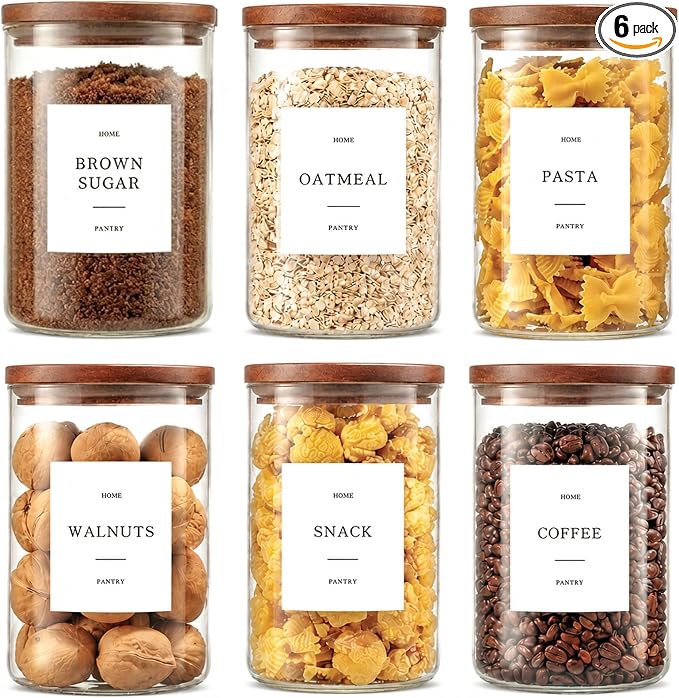 Set of 6 Glass Pantry Jars with Acacia Wood Lids, 32oz Airtight Pantry Storage Containers with 105 Labels, Glass Kitchen Canisters for Coffee, Tea, Sugar, Pasta