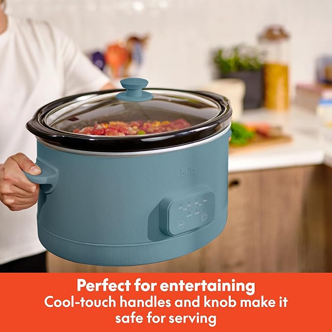 bella 6.0 Qt Programmable Slow Cooker, Ceramic Nonstick Coating, Adjustable Temperature & Cooking Times, Dishwasher Safe Stoneware Pot & Tempered Glass Lid, Tangle Free Cord Wrap, Surf