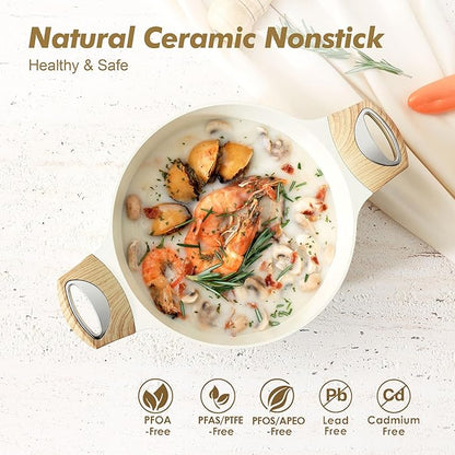 SENSARTE Ceramic Nonstick Stock Pot with Lid, 4.5+6.6 QT Soup Pot Set Casserole Pot, Non-toxic Healthy Pasta Pot, Large Cooking Pot Stew Pot, Induction Compatible, PFOA PFAS PTFE Free, White