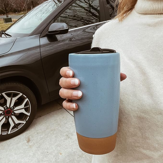Mora Double Wall Ceramic Coffee Travel Mug with Lid, 14 oz, Portable, Microwave, Dishwasher Safe, Insulated Reusable Tall Cup, Splash Resistant Lid - To Go Tumbler for Car Cup Holder, Dusty Blue