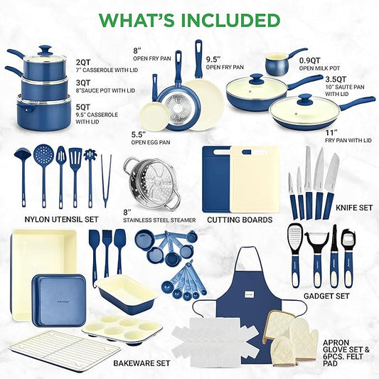 Nutrichef 54 Piece Professional Grade Complete Home Kitchen Cookware Set, Ceramic Non-Stick Bakeware, Pot and Pans Kit, Cool-Touch Handles, Safe for Gas, Electric, Induction Cooktops, Easy Clean