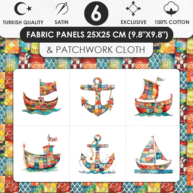 Patchwork Boat Cotton Fabric Panel – Six 10×10 inch Designs + Bonus 29.5×19.6 inch Patchwork Sheet, 100% Turkish Cotton 140 GSM