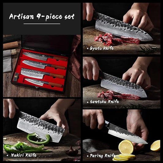 MITSUMOTO SAKARI 4-Piece Japanese Chef Knife Set, 9Cr18MoV Steel | Gyuto, Santoku, Nakiri and paring knives, 3-layer 9Cr18MoV steel, rosewood handles, sandalwood box