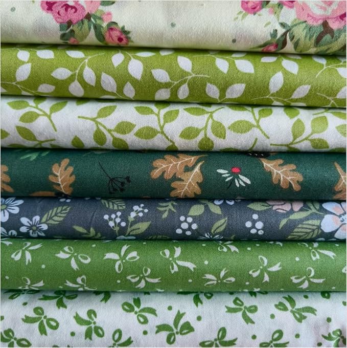 7PCS 18" x 22" Quilting Fat Quarters Fabric Bundles, for Sewing Crafting,Print Floral Striped Polka Dot 100% Cotton Gingham Fabric (Green Flowers, 18" x 22")
