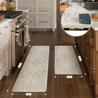 Anti Fatigue Kitchen Mat Beige Neutral Mats for Cushioned Vintage Kitchen Mats for Floor Non-Slip Waterproof Comfort Standing Rug for Sink Laundry Office 17.3"×30"
