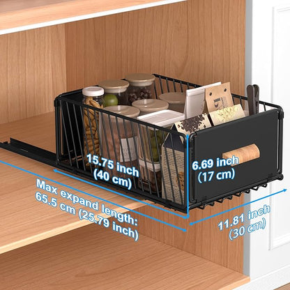 MEKOTRICIN Pull Out Cabinet Organizer, Slide Out Drawer Organizers Storage Fixed with Adhesive,Sliding Pantry Shelves with Handle for Kitchen Cupboard Bathroom Home, 11.8x6.7in, Black