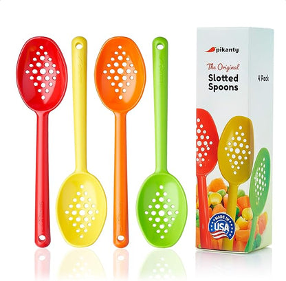 Olive and Pickle Spoon Set of 4, 7-Inch Small Slotted Serving Utensils for Jars, Perfect for Olives, Pickles, Capers, Pickled Beets, Pepperoncini, Cherries, Dishwasher Safe, Made in USA by Pikanty