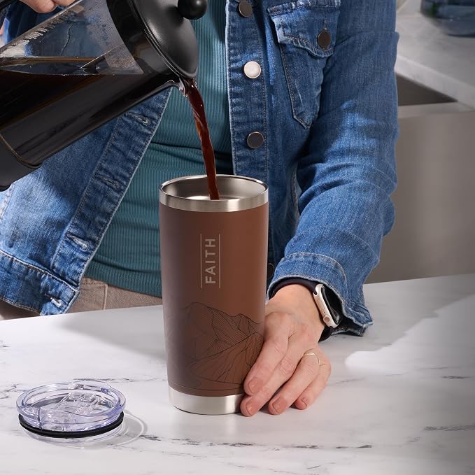 Christian Art Gifts Large Premium Stainless Steel Vacuum Sealed Insulated Travel Mug Tumbler for Men & Women: Faith Inspiring Mountain Theme, Leak-Proof Retractable Lid, All Day Hot/Cold, Brown, 18 oz