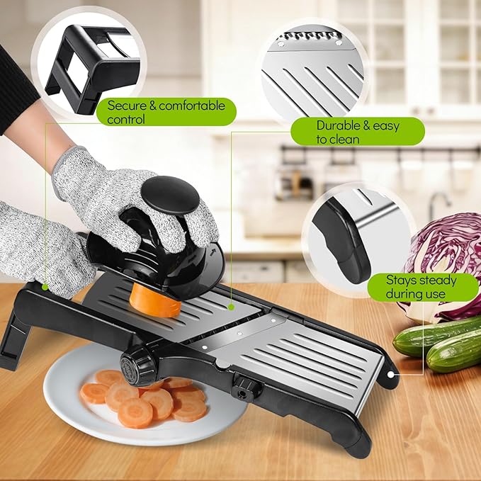 MASTERTOP Mandoline Slicer for Kitchen Adjustable Stainless Steel Food Slicer Vegetable Chopper Onion Waffle French Fry Cutter Potato Chip Julienne Slicer with Safety Gloves
