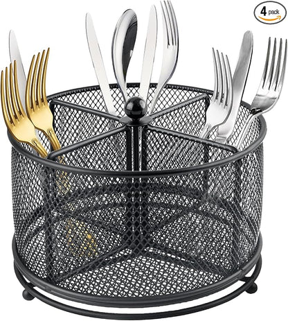 360° Rotating Metal Utensil Caddy - 4 Compartment Silverware Cutlery Holder Rotation Fork Spoon Napkin Organizer Flatware Storage Basket Party Countertop Buffet Picnic Camping Outdoor Black