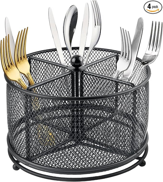 360° Rotating Metal Utensil Caddy - 4 Compartment Silverware Cutlery Holder Rotation Fork Spoon Napkin Organizer Flatware Storage Basket Party Countertop Buffet Picnic Camping Outdoor Black