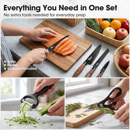 Knife Set, Kitchen Knife Set with Block, 7 Pcs Kitchen Knife Set with 3-in-1 Peeler, Knife Block Set Compact Stainless Steel Knives with Wood Grain Finish Handles, Space Saving Kitchen Essentials