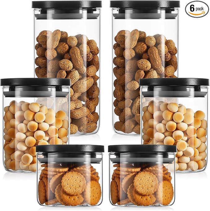 Rtteri 6 Pcs Glass Jars with Black Lids 15oz 27oz 41oz Canisters with Black Airtight Lids Stackable Glass Food Storage Containers Pantry Storage Jars PP Material Airtight