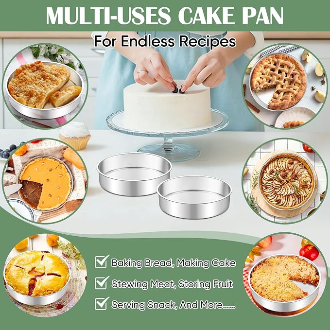 TeamFar 7 Inch Cake Pan Set of 3, Stainless Steel Round Layer Cake Baking Pans Tins for Birthday Wedding, Non-Toxic & Heavy-Duty, Mirror Finish & Leak Proof, Oven & Dishwasher Safe