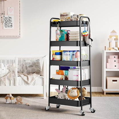 TOOLF 5-Tier Metal Rolling Cart with Wheels, Storage Utility Organizer Cart for Kitchen, Bathroom, Office, Baby Essentials & Makeup - Lockable Casters, Easy Assembly, Large Capacity, Black