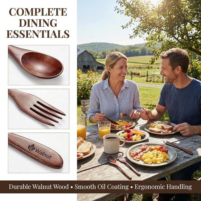 Wooden Utensils For Eating, Wood Spoon Fork Knife Cutlery Set, Dinnerware Sets For Dining And Travel Use