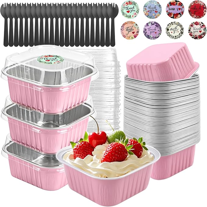 30 Pack 5oz Square Mini Cake Pans with Lids and Spoons,Aluminum Foil Baking Cups,Disposable Mini Loaf Pans Ramekins for Brownie, Cheesecake, Mousse & Wedding Party Favors-Pink