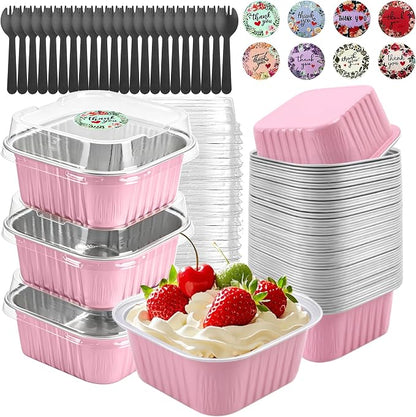 30 Pack 5oz Square Mini Cake Pans with Lids and Spoons,Aluminum Foil Baking Cups,Disposable Mini Loaf Pans Ramekins for Brownie, Cheesecake, Mousse & Wedding Party Favors-Pink