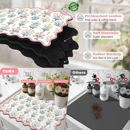 LOKHOM Scalloped Floral Dish Drying Mat, 17"x32" Super Absorbent Coffee Mat with Unique Pink Pastoral Floral, Cuttable Hide Stain Non-slip Drying Mat for Kitchen Counter Coffee Maker Espresso Machine