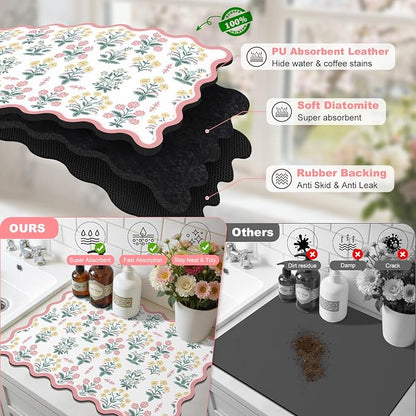LOKHOM Scalloped Floral Dish Drying Mat, 18"x24" Super Absorbent Coffee Mat with Unique Pink Pastoral Floral, Cuttable Hide Stain Non-slip Drying Mat for Kitchen Counter Coffee Maker Espresso Machine