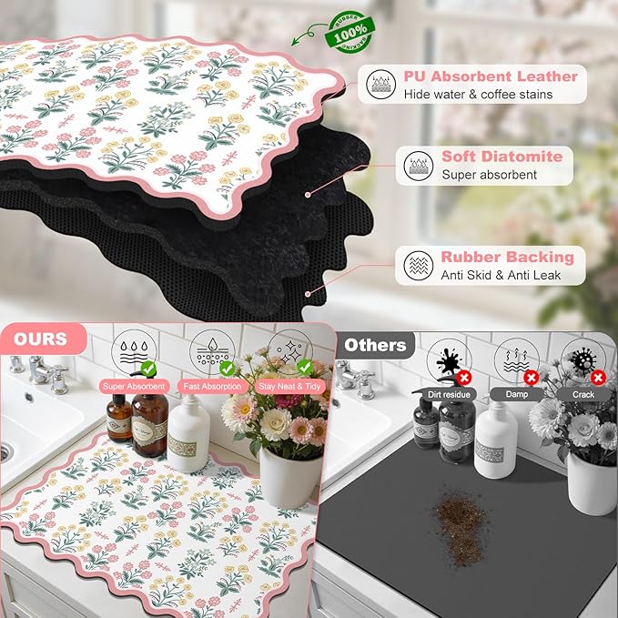 LOKHOM Scalloped Floral Dish Drying Mat, 12"x20" Super Absorbent Coffee Mat with Unique Pink Pastoral Floral, Cuttable Hide Stain Non-slip Drying Mat for Kitchen Counter Coffee Maker Espresso Machine