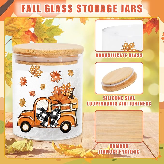 JarThenaAMCS 3Pcs Fall Glass Storage Jars with Airtight Lid Orange Pumpkin Autumn Gnome Truck Clear Food Storage Canisters Sets for Harvest Thanksgiving Home Kitchen Countertop Decoration