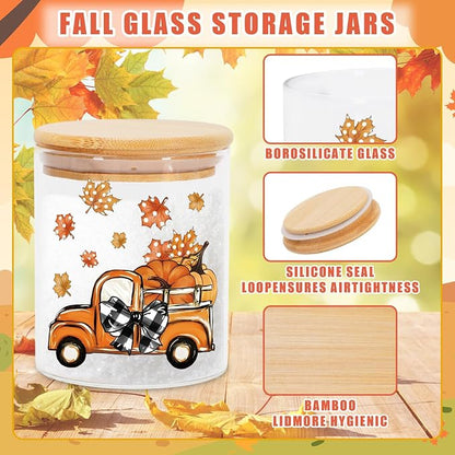 JarThenaAMCS 3Pcs Fall Glass Storage Jars with Airtight Lid Orange Pumpkin Autumn Gnome Truck Clear Food Storage Canisters Sets for Harvest Thanksgiving Home Kitchen Countertop Decoration