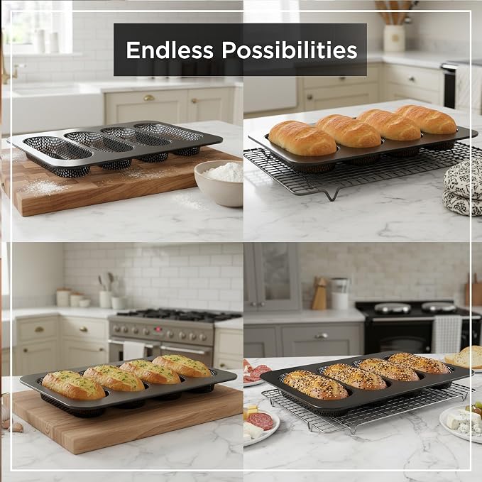 Wrenbury Perforated Hot Dog Bun Baking Pan - Nonstick Bread Mold | Carbon Steel for Crispy Homemade Rolls and Mini Baguettes