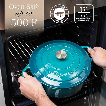 Cast Iron Dutch Oven with Lid - Non-Stick Ovenproof Enamelled Casserole Pot - Sturdy Dutch Oven Cookware - Teal, 3.1-Quart, 22cm- by Nuovva