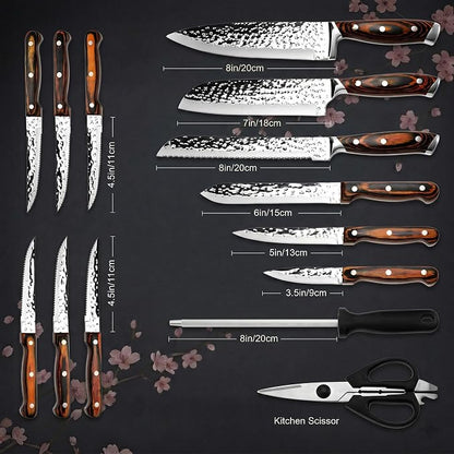 Methway Knife Set, 15-Piece Kitchen Knife Set with Block, High Carbon Stainless Steel Japanese Knife Set, Sharp Hammered Finish, Full Tang, Ergonomic Wood Grain Handle, Dishwasher Safe, Brown