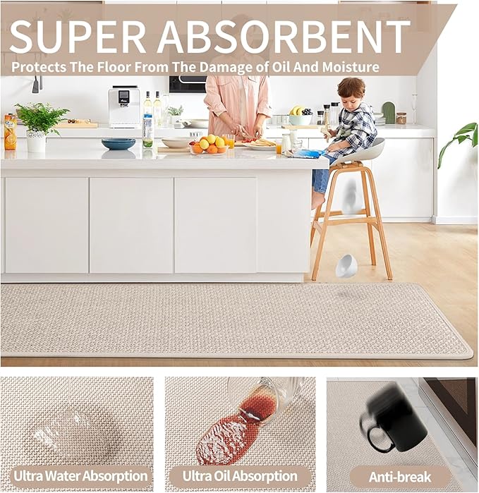 YDKGL Kitchen Mats for Floor, Super Absorbent Kitchen Rugs Non Slip Washable, Soft Imitation Linen Braided Kitchen Runner Rug, Standing Mat Kitchens Sink Mat, Easy to Clean, Beige 17x47