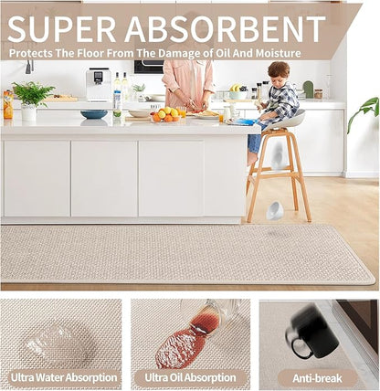 YDKGL Kitchen Mats for Floor, Super Absorbent Kitchen Rugs Non Slip Washable, Soft Imitation Linen Braided Kitchen Runner Rug, Standing Mat Kitchens Sink Mat, Easy to Clean, Beige 17x30