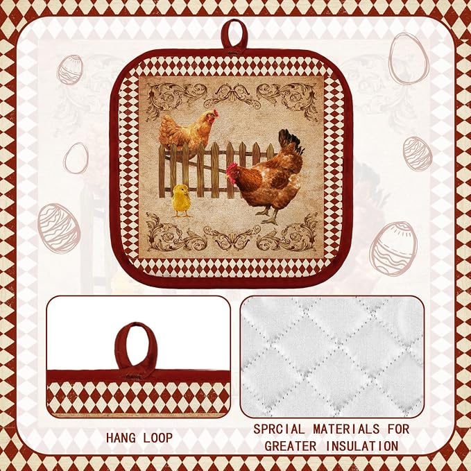 Bencailor 12 Pcs Pot Holders with Pocket Kitchen Hot Potholders Hot Pad Oven Mitts Cookie Bag Oven Gloves for Kitchen Gift Baking Cooking(Brown and Red,Rooster)