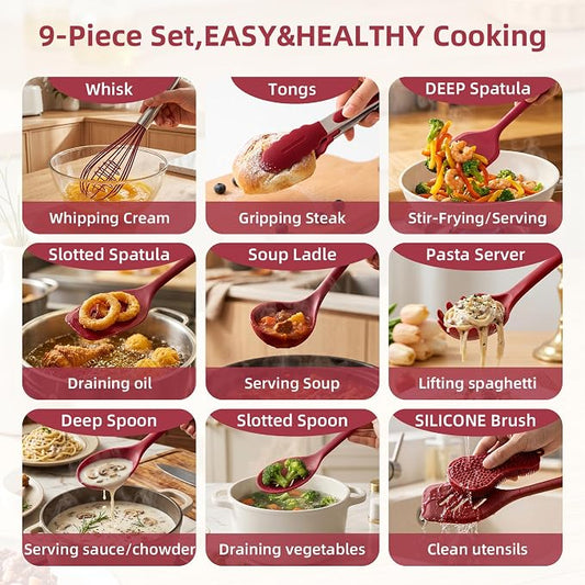 Kitchen Utensils Set,9 PCS Silicone Cooking Utensils Set Spatula Set,Non Toxic Cooking Utensils,Tongs,Spoon,Whisk,Brush,BPA Free Kitchen Gadgets for Non-Stick Cookware,Home Essential(Red-9P)