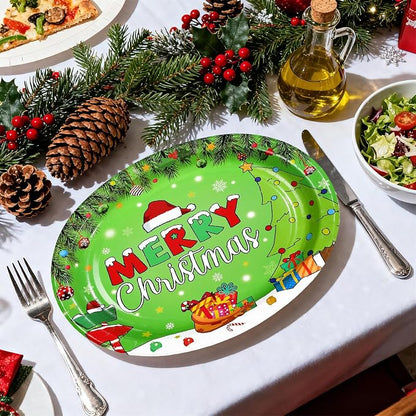 50Pcs Christmas Oval Paper Plates 10" x 12" Large Disposable Heavy Duty Merry Christmas Red Green Party Plates Xmas Balls Tree Snowflake Dessert Platter for Winter Friends Holiday Home Party Supplies