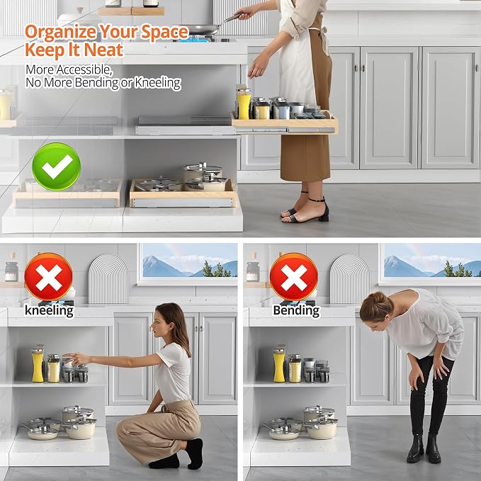ZOINLIY 21''W X 21''D X 3''H Wooden Pull Out Drawer for Cabinet, Cabinet Organizer for Kitchen, Soft Close Slide Out Shelves, Heavy Duty, Full-Extension