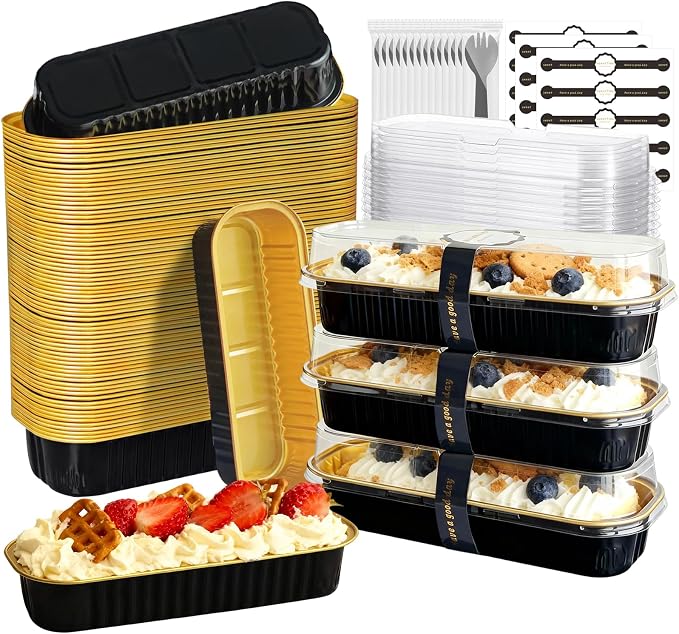 Mini Cake Pans with Lids and Spoons 200 Pack, Mini Loaf Pans with lids 6.8oz, Small Disposable Aluminum Foil Loaf Pans, Rectangular Baking Container for Party, Picnics and Birthday (Black)