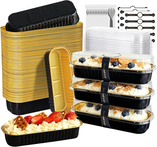 Mini Cake Pans with Lids and Spoons 200 Pack, Mini Loaf Pans with lids 6.8oz, Small Disposable Aluminum Foil Loaf Pans, Rectangular Baking Container for Party, Picnics and Birthday (Black)