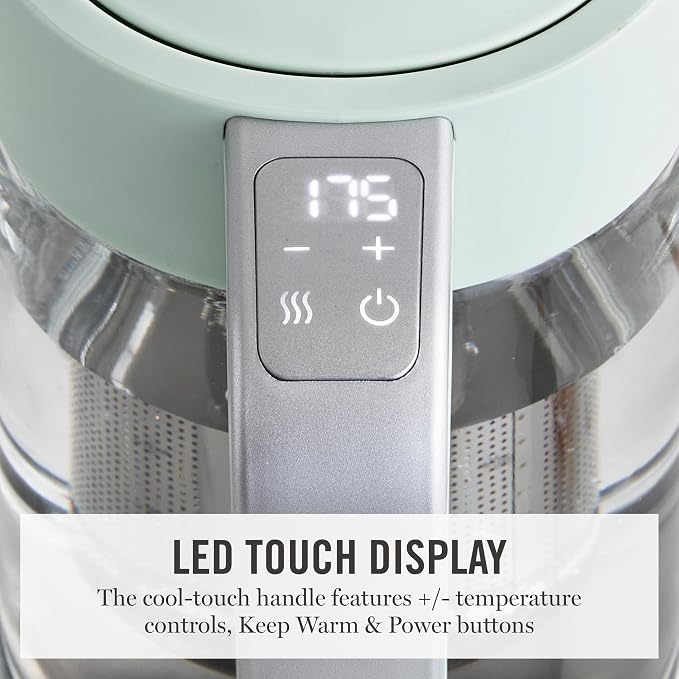 Martha Stewart Electric Kettle with Removable Stainless Steel Tea Infuser, Glass Carafe 1.7L (7 Cups), Hot Water Boiler, 4 Presets, Keep Warm & Auto Shut-Off, Cordless 360° Swivel Base, Honeydew Green