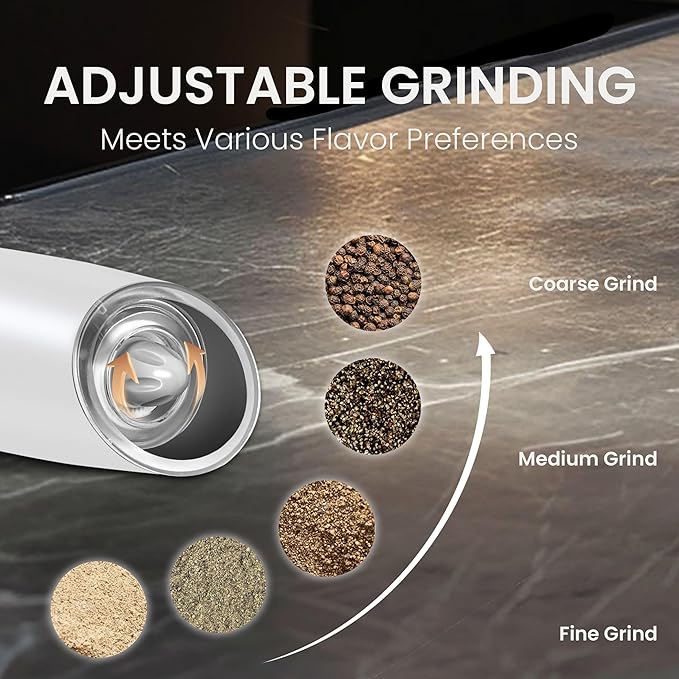 Rechargeable Salt And Pepper Grinder Set with LED Light, Automatic Electric Gravity Salt And Pepper Shakers Set, No Battery Needed, Adjustable Roughness, 2 Pack (Black&White)