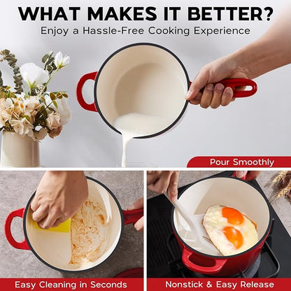 Onader Enameled Cast Iron Sauce Pan, 1QT & 2QT Small Saucepan Set with Lid, Cast Iron Sauce Cooking Pot, Enamel Dutch Oven, Nonstick & Induction Compatible – Red