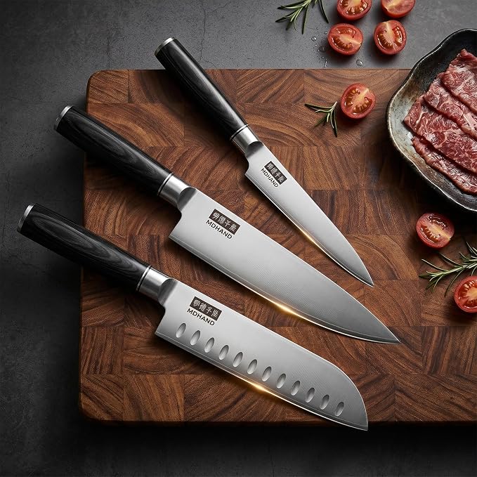 MDHAND Kitchen Knife Set, 3 Pieces Ultra Sharp Japanese Knife Set, High Carbon Stainless Steel Professional Chef Knives Set with Black Pakkawood Handle for Home Cooking, Dishwasher Safe