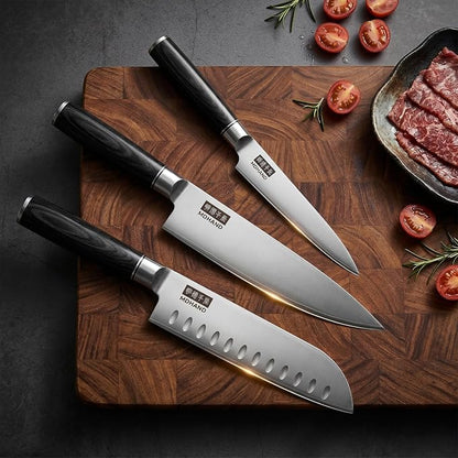 MDHAND Kitchen Knife Set, 3 Pieces Ultra Sharp Japanese Knife Set, High Carbon Stainless Steel Professional Chef Knives Set with Black Pakkawood Handle for Home Cooking, Dishwasher Safe