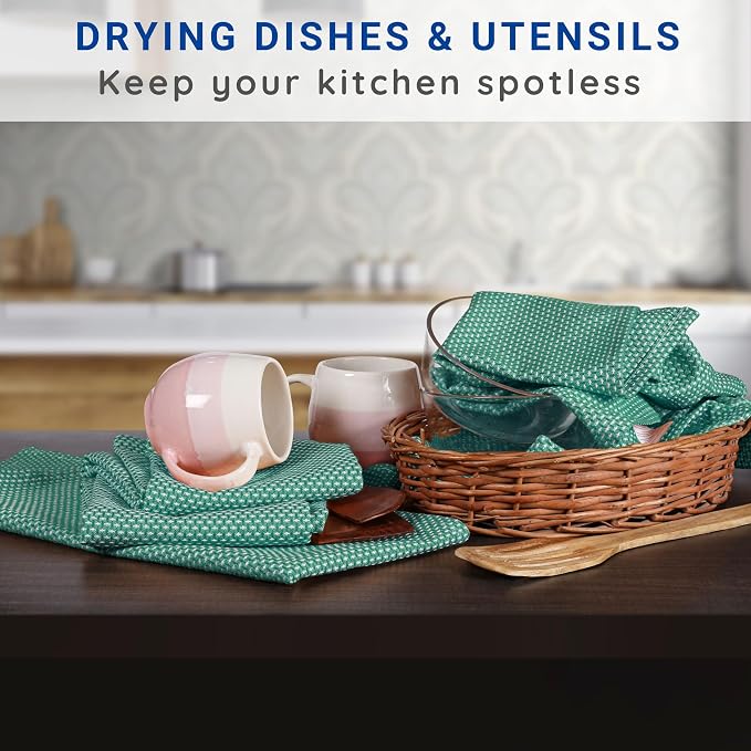 TWINY threads Kitchen Towels Set of 4, 100% Cotton Dotted Dish Towel, Soft, Tea Towels with Hanging Loop (18"x 28"), Washable Bar Towels for Table Cleaning - Turquoise Green