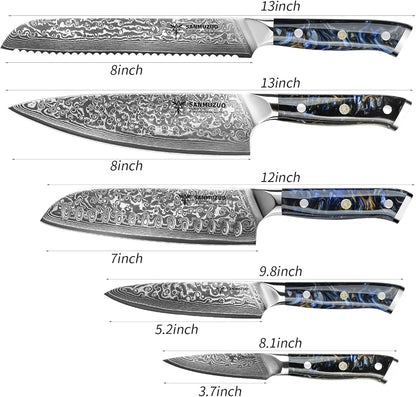 Chef Cooking Knives Set- Kitchen Knife Set of 5 Piece - Ultra-Sharp VG10 Damascus Steel & Resin Handle - Xuan Series (Starry Black)