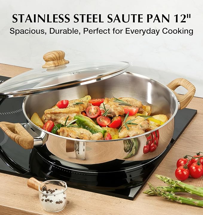 KOCH SYSTEME CS 12 Inch Stainless Steel Saute Pan with Lid, 5.5 Quart Deep Frying Pan with Double Handles, 18/10 Stainless Steel Pan with Cool-Touch Bakelite Handle, Deep Frying Pan, Induction Ready