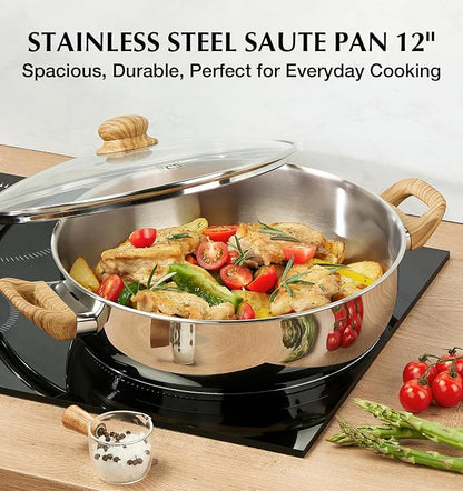 KOCH SYSTEME CS 12 Inch Stainless Steel Saute Pan with Lid, 5.5 Quart Deep Frying Pan with Double Handles, 18/10 Stainless Steel Pan with Cool-Touch Bakelite Handle, Deep Frying Pan, Induction Ready