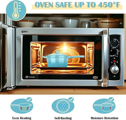 E-far Enameled Cast Iron Sauce Pan with Lid, 1 Quart Dutch Oven Saucepan, Mini Sauce Pot for Cooking, Boiling, Healthy & Non Toxic, Induction & Oven Safe, Light Blue