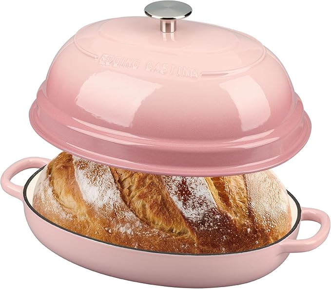 EDGING CASTING Enameled Oval Cast Iron Dutch Oven Pot with Lid, Bread Dutch Oven for Sourdough Bread Baking, Dutch Oven Bread, Bread Oven, 6QT, Pink